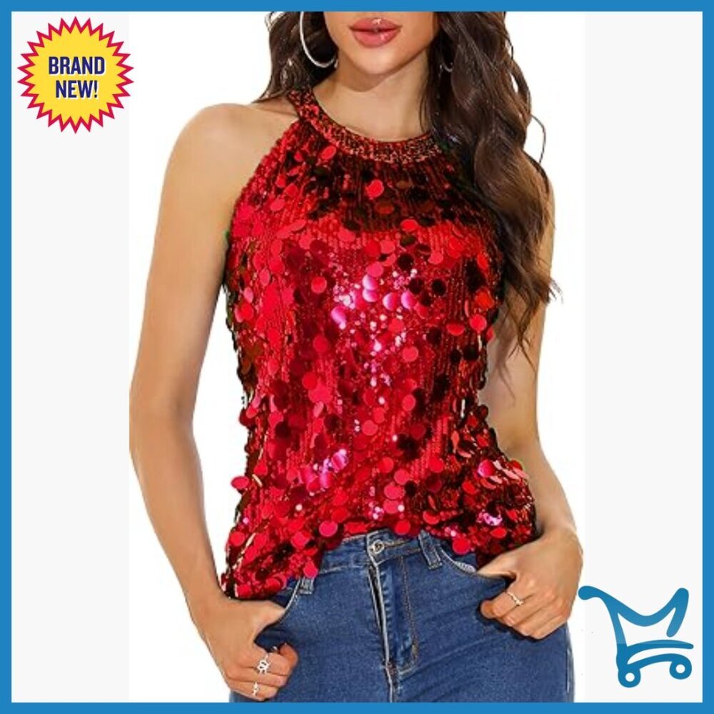 Sequin Halter Tank Top Women's Sparkly Glitter Party Concert Blouse